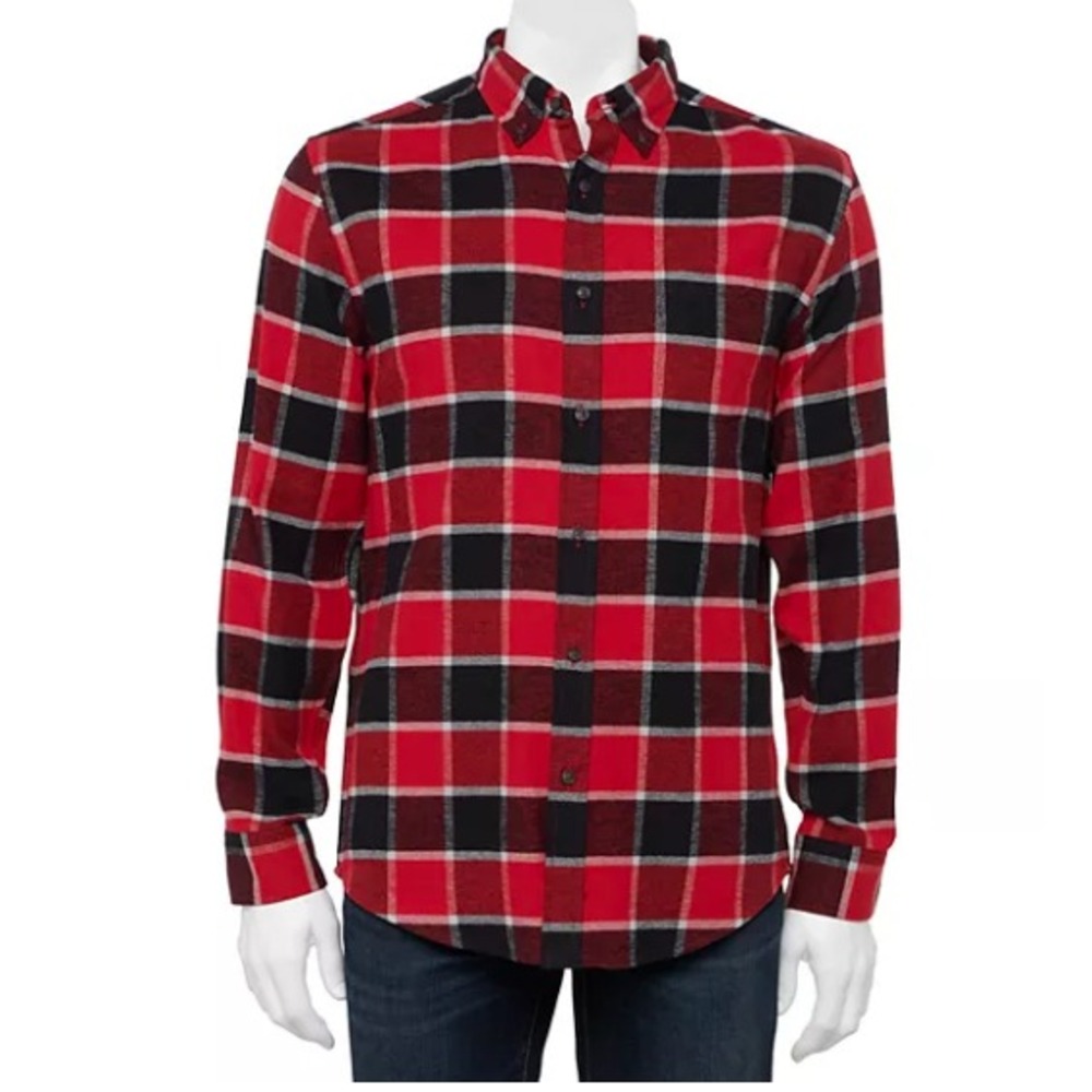 Croft Barrow Flannel Shirt Men Large Woven Extra Soft Buffalo Plaid Red 610
